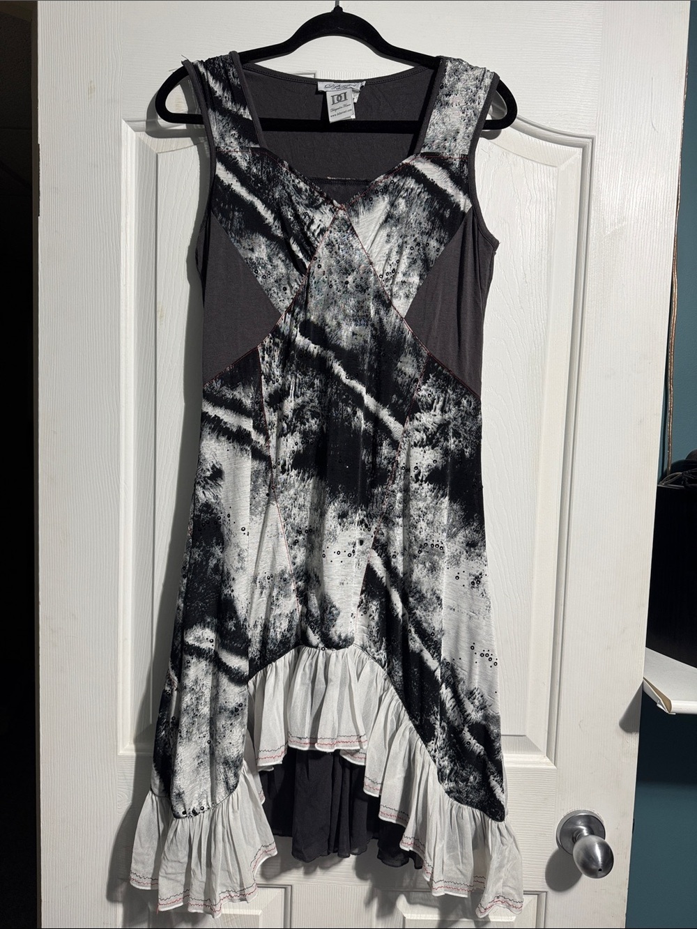 Dzhavael Couture Art to Wear Dress Large Abstract Sequin Ruffle Hem Midi